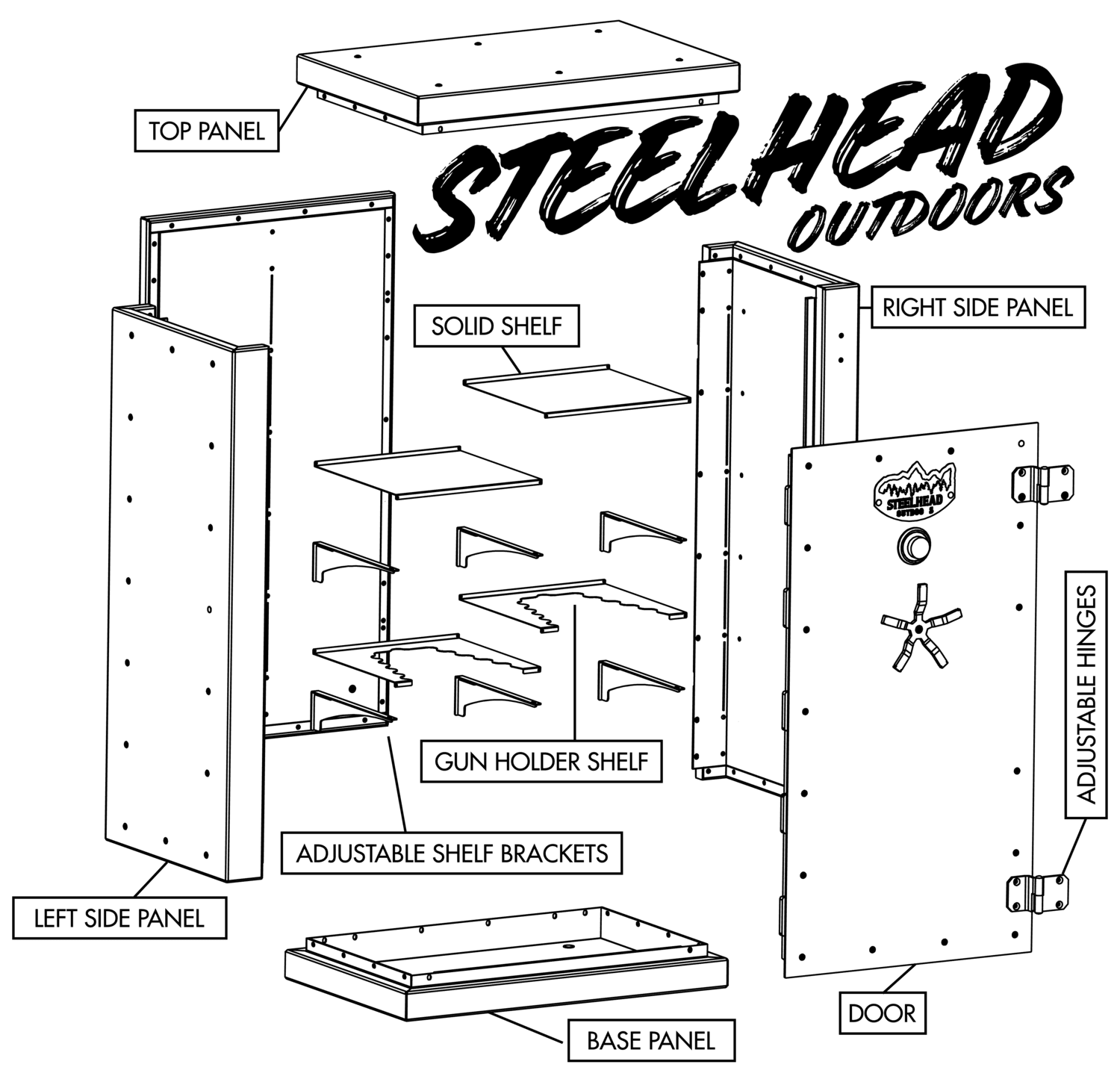 Steelhead Outdoors gun safe diagram with labeled pieces