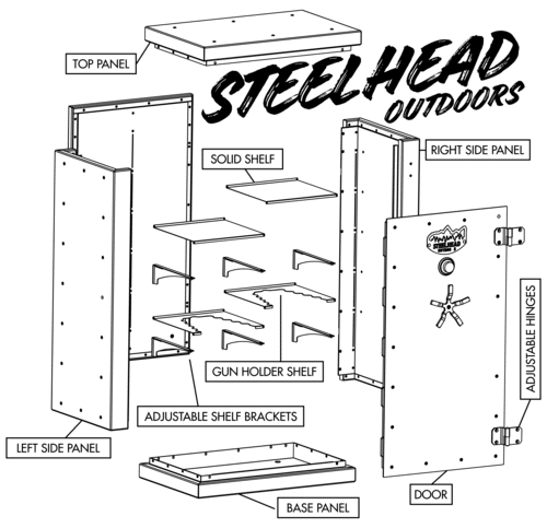 Steelhead Outdoors gun safe diagram with labeled pieces